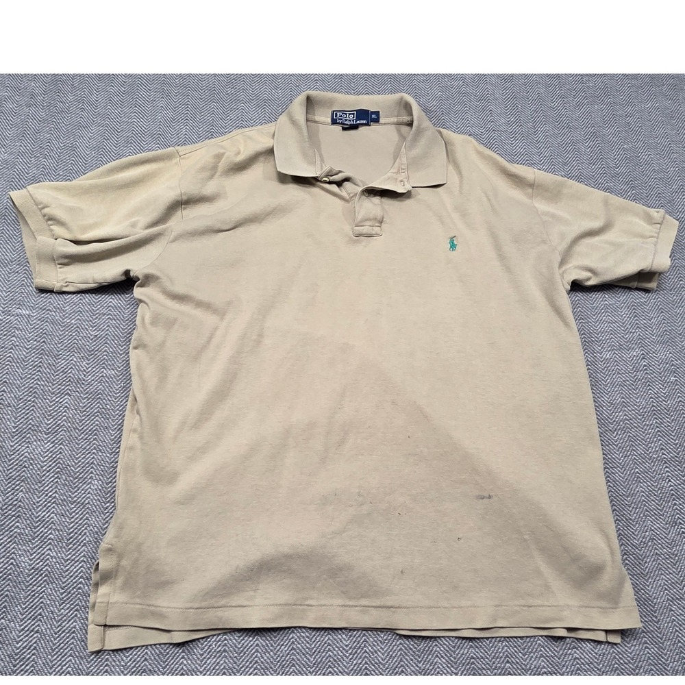 Polo Ralph Lauren Mens XL Tan‎ Khaki Cotton Short Sleeve Polo Shirt Teal Pony